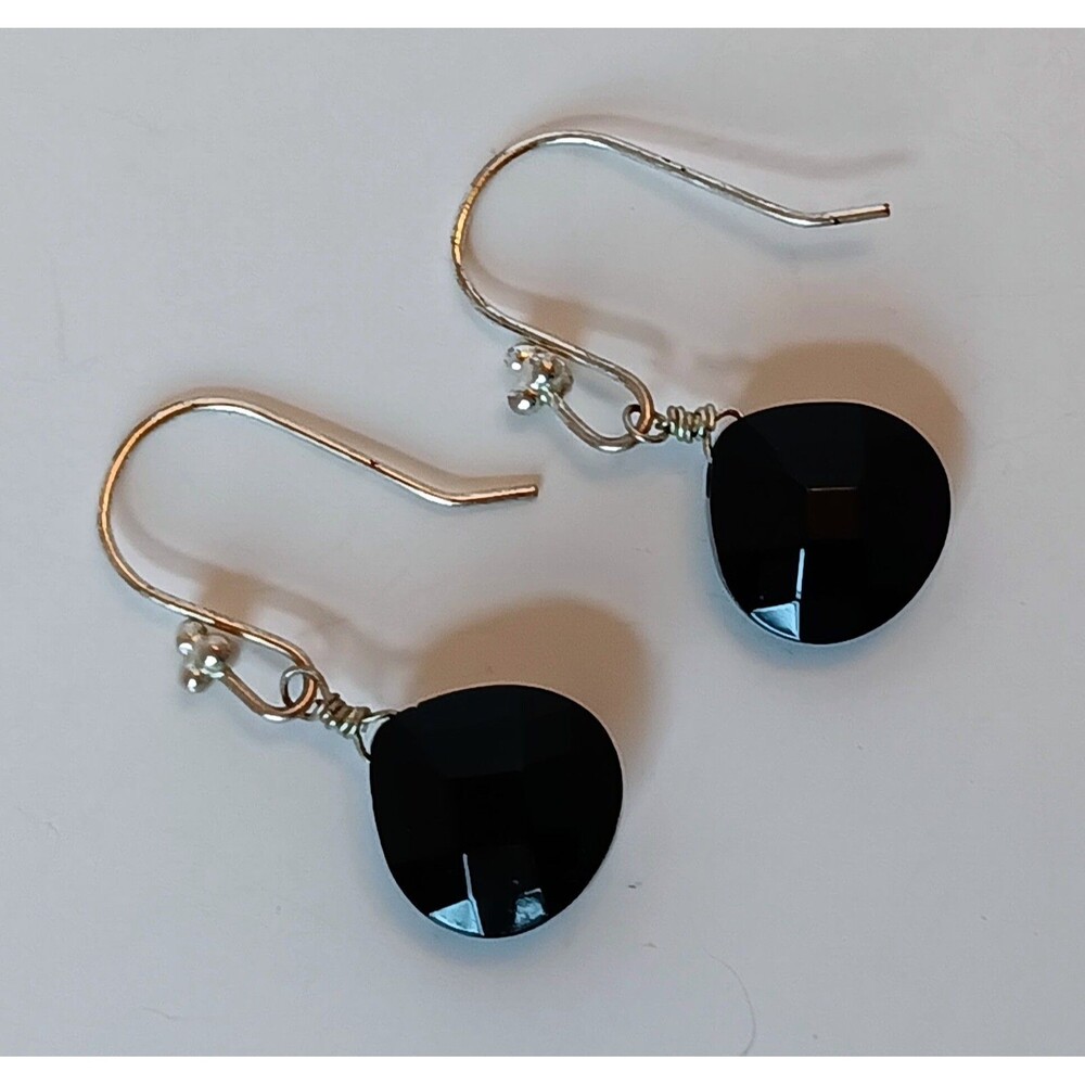 Handmade Silverplated Black Glass Briolette Dangle Earrings 1.25 in